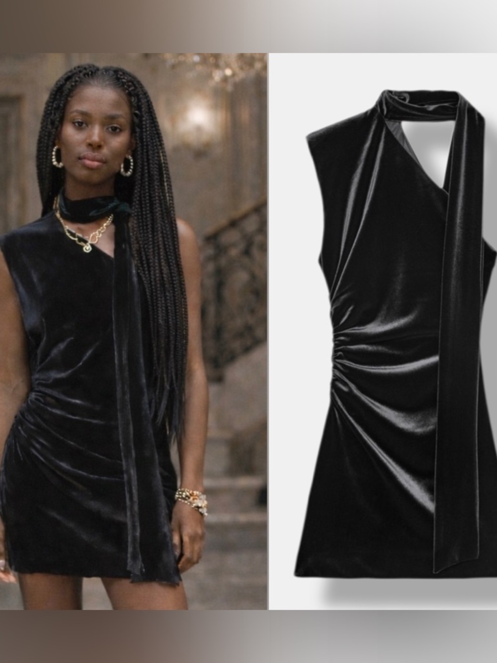 NWT Zara Black Velvet One Shoulder Scarf Mini Ruched Dress, Small
